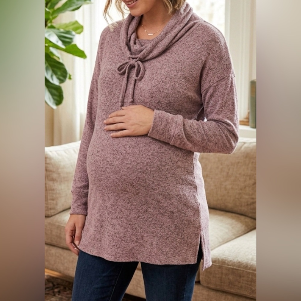 Motherhood Maternity Cowl Neck Tunic Top Mauve Space Dye Knit Small S